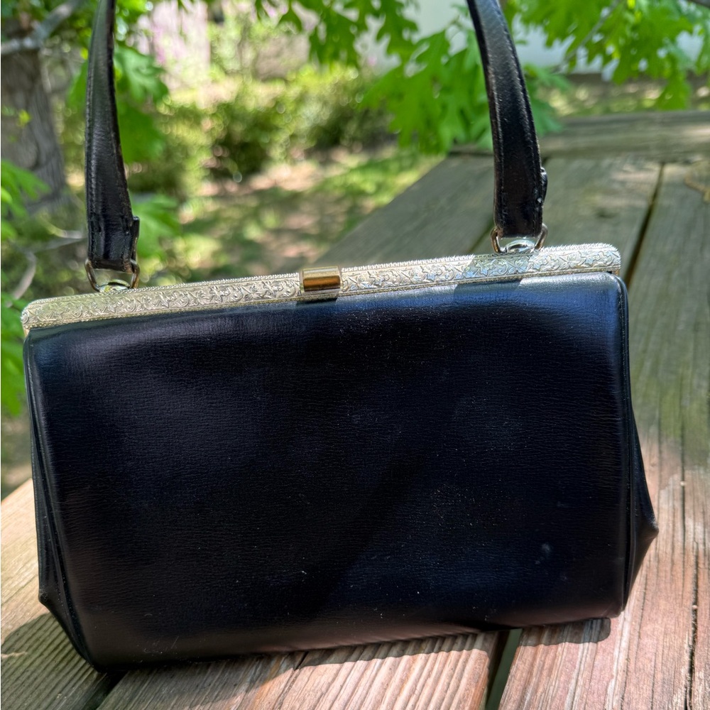 Vintage Classic Black Evening Handbag with Gold Trim‎